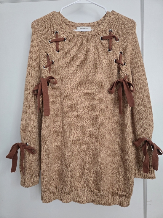 Francesca's Collections Sweaters - Francesca's Camel Brown Bow Tie-Accent Coquette Knit Sweater